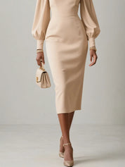 Apricot Applique Floral Classic Crew Neck Long Sleeve Balloon Sleeve Sheath Midi Dress