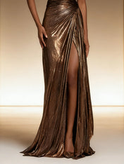 Brown Metallic One Shoulder Mermaid Long Formal Dress with Slit