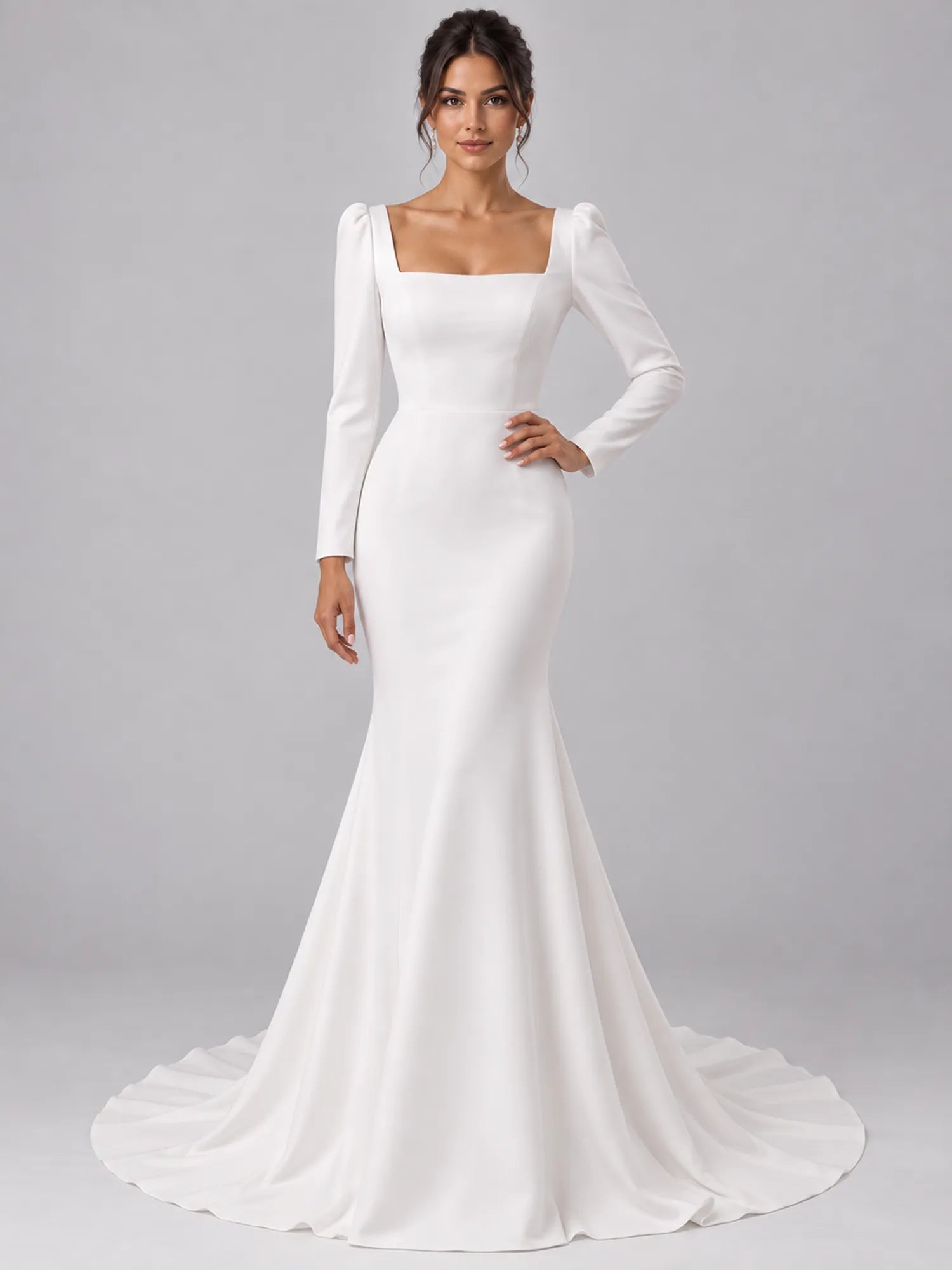 Pure White Square-Neck Long-Sleeve Mermaid Wedding Dress