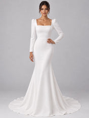 Pure White Square-Neck Long-Sleeve Mermaid Wedding Dress