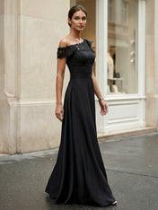 Black One Shoulder Applique Chiffon Evening Dress with Ruffle