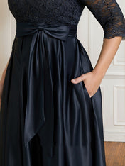 A-line V-Neck Floor-Length Satin Lace Mother of the Bride Dress With Sequins Bow