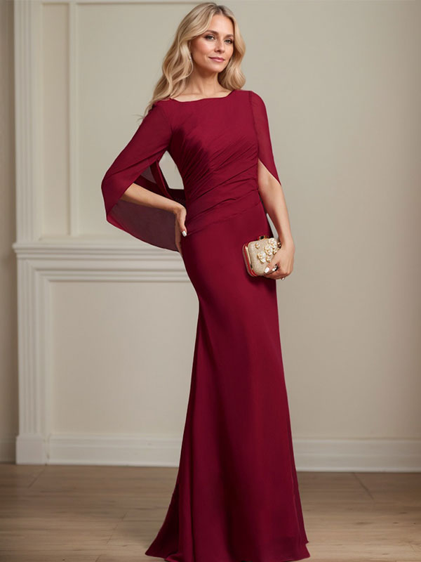 Mermaid Boat Neck Floor-Length Chiffon Mother of the Bride Dress With Pleated