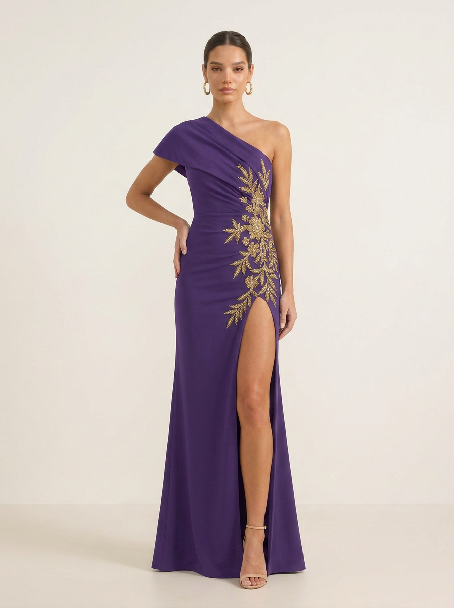One-Shoulder Draped Crepe Floor-Length Evening Dresses with Gold Beaded Flowers and High Slit