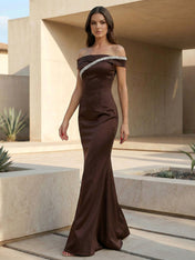 Brown Off the Shoulder Maxi Dresses with Sequins Mermaid Evening Dress