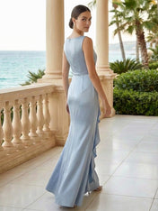 Dusty Blue Scoop Neck Evening Dress with Ruffle Mermaid Maxi Dress