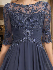 A-line Scoop Illusion Floor-Length Chiffon Lace Mother of the Bride Dress With Pleated Sequins