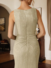 A-Line V-Neck Ruched Metallic Mesh Dress