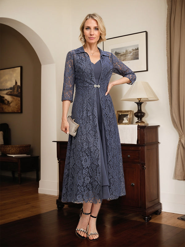Robe de mère de la mariée en mousseline de soie, coupe trapèze, col en V et longueur thé 