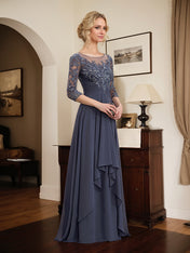 A-line Scoop Illusion Floor-Length Lace Chiffon Mother of the Bride Dress With Cascading Ruffles