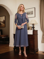 A-line Scoop Tea-Length Lace Chiffon Mother of the Bride Dress With Sequins
