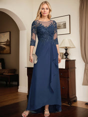 A-line Scoop Illusion Asymmetrical Lace Chiffon Mother of the Bride Dress With Sequins Cascading Ruffles