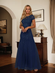 Dark Navy Mermaid Scoop Sequins Tulle Dress