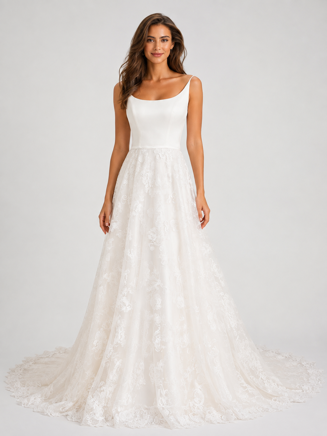 Elegant Scoop Neck Satin Bodice Lace Overlay A-Line Wedding Dress with Chapel Train