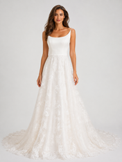 Elegant Scoop Neck Satin Bodice Lace Overlay A-Line Wedding Dress with Chapel Train