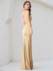 Champagne Satin Spaghetti Straps Sleeveless Floor Length Dress With High Slit