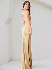 Champagne Satin Spaghetti Straps Sleeveless Floor Length Dress With High Slit