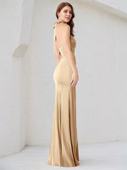 Champagne Satin Spaghetti Straps Sleeveless Floor Length Dress With High Slit