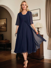 A-line Square Tea-Length Chiffon Mother of the Bride Dress