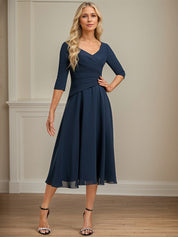 A-line V-Neck Tea-Length Chiffon Mother of the Bride Dress With Pleated