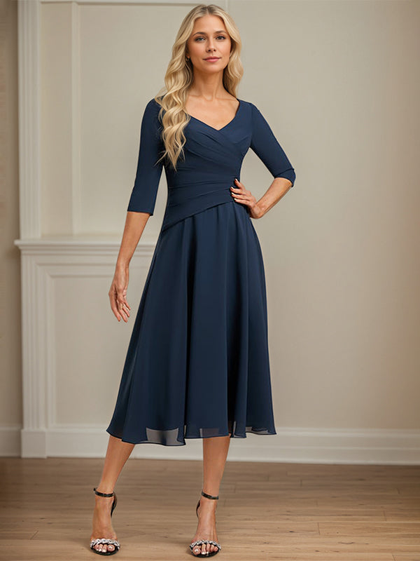 A-line V-Neck Tea-Length Chiffon Mother of the Bride Dress With Pleated