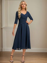 A-line V-Neck Tea-Length Chiffon Mother of the Bride Dress With Pleated