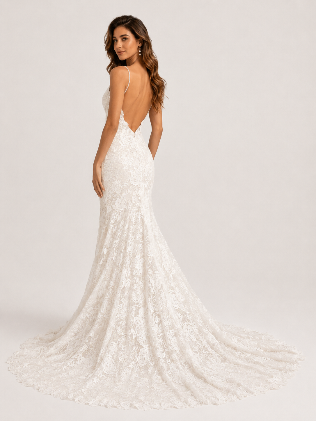 Elegant Spaghetti Strap Floral Lace Sheath Wedding Dress with Sweep Train