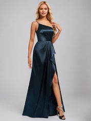 Dark Navy Satin A Line One Shoulder Floor Length Bridesmaid Dress With Ruffle