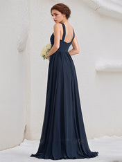 Dark Navy A-Line V-Neck Floor Length Chiffon Bridesmaid Dress With Ruffle