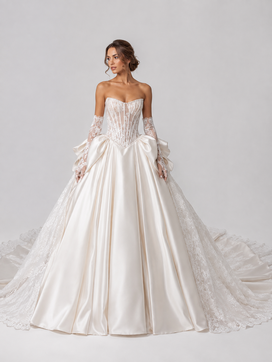 Elegant Strapless Satin and Lace Ball Gown Wedding Dress with Cathedral Train