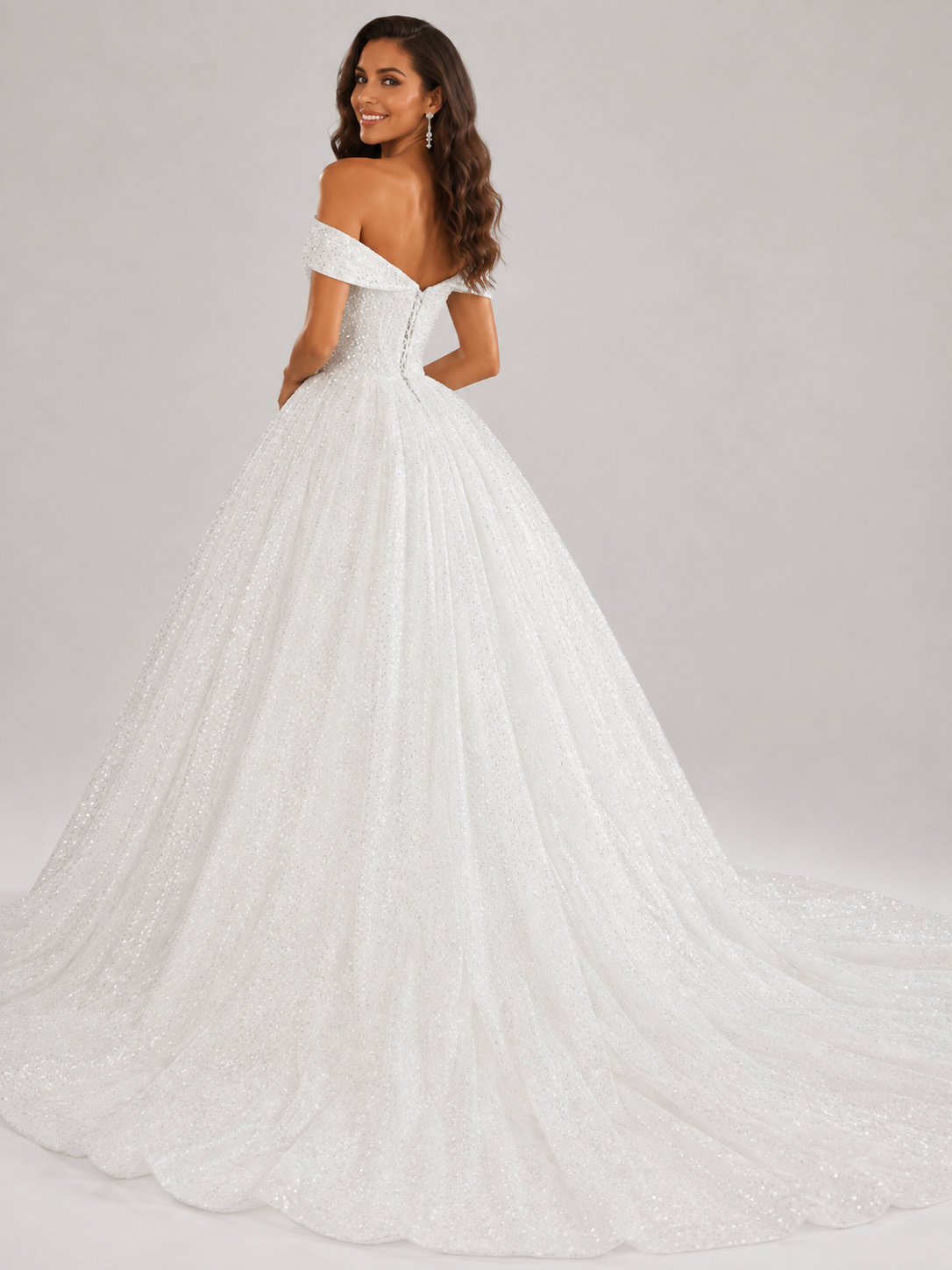 Elegant Off-the-Shoulder Sparkling Glitter Tulle A-Line Wedding Dress with Corset Back and Chapel Train