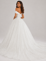 Elegant Off-the-Shoulder Sparkling Glitter Tulle A-Line Wedding Dress with Corset Back and Chapel Train