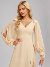 Champagne A-Line V-Neck Floor-Length Chiffon Bridesmaid Dress With Bow