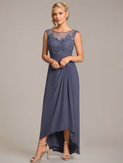 A-line Scoop Illusion Asymmetrical Chiffon Lace Mother of the Bride Dress With Pleated Beading