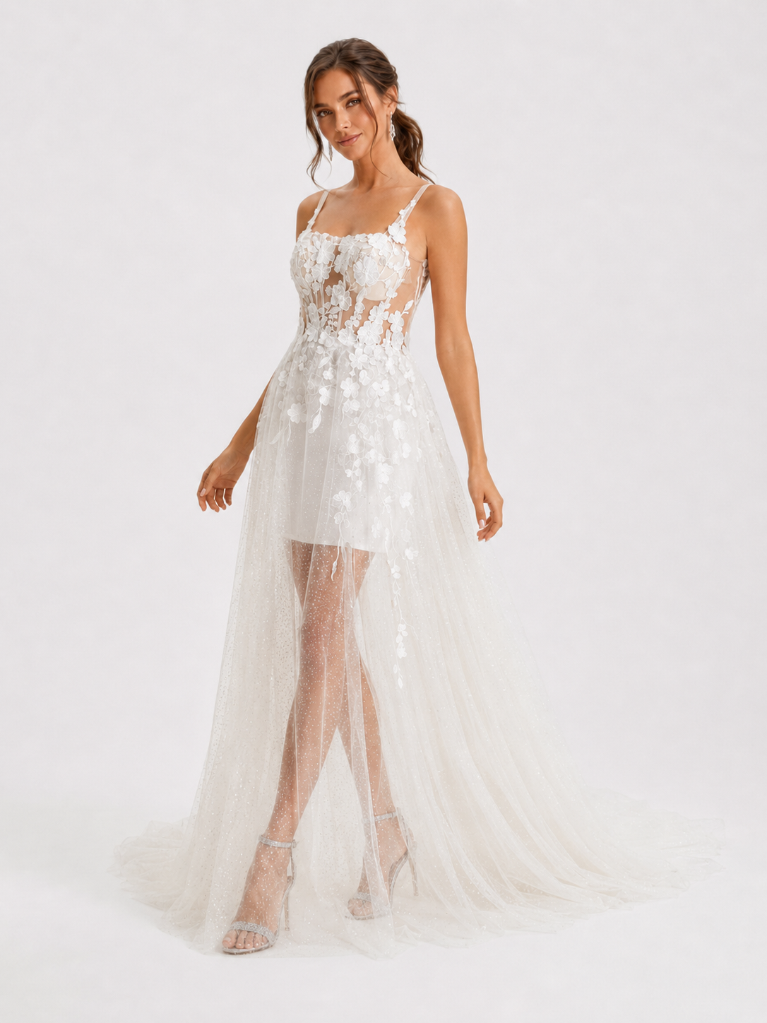 Elegant Spaghetti Strap 3D Floral Applique A-Line Wedding Dress with Sheer Over-Skirt and Chapel Train