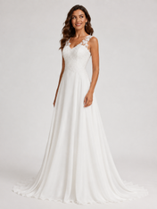 Elegant Lace Applique V-Neck Chiffon A-Line Wedding Dress with Chapel Train