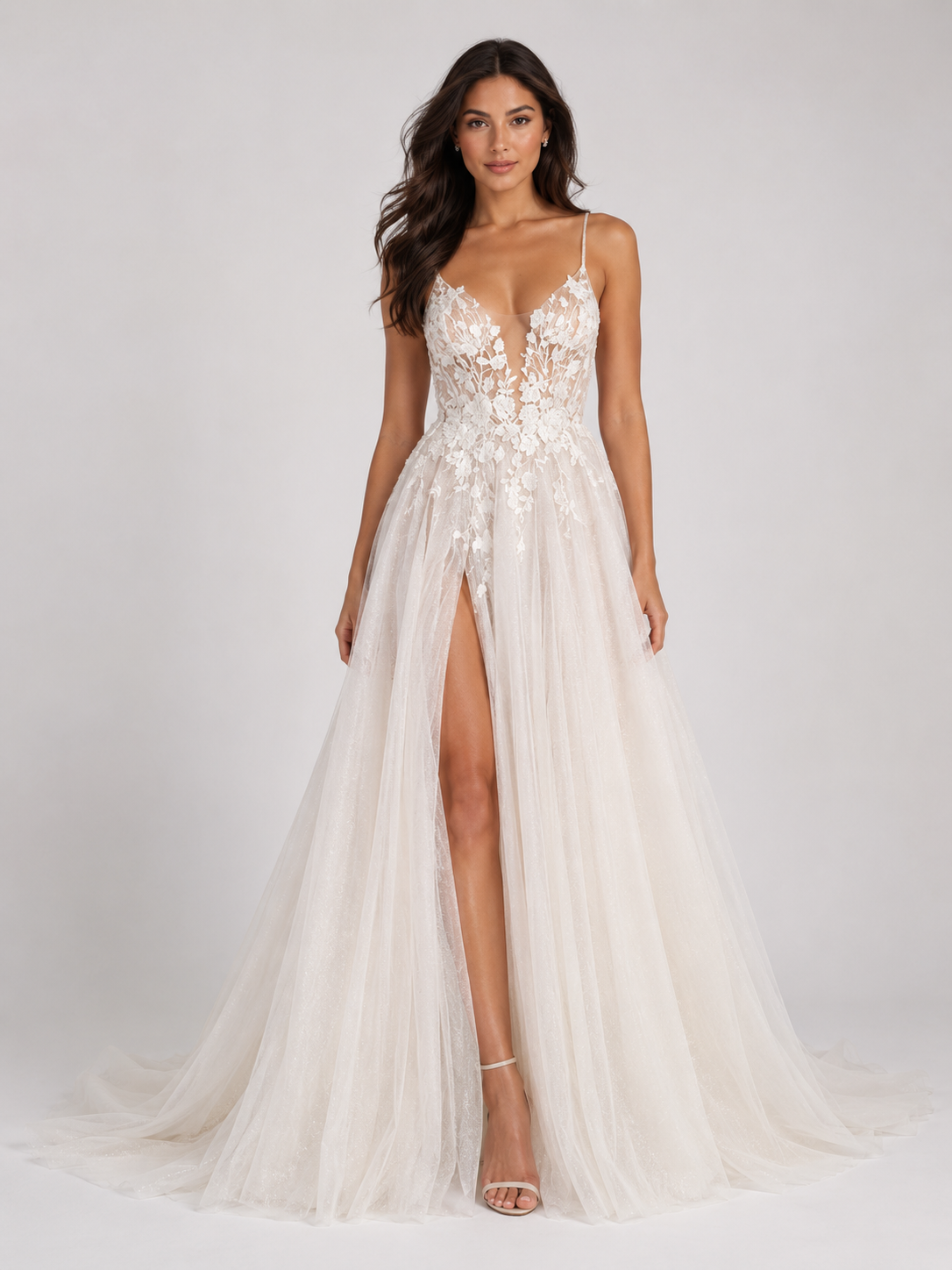 Elegant Floral Applique Tulle A-Line Wedding Dress with Sweep Train