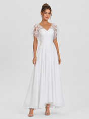 Elegant Flutter Sleeve Embroidered V-Neck Chiffon A-Line Wedding Dress