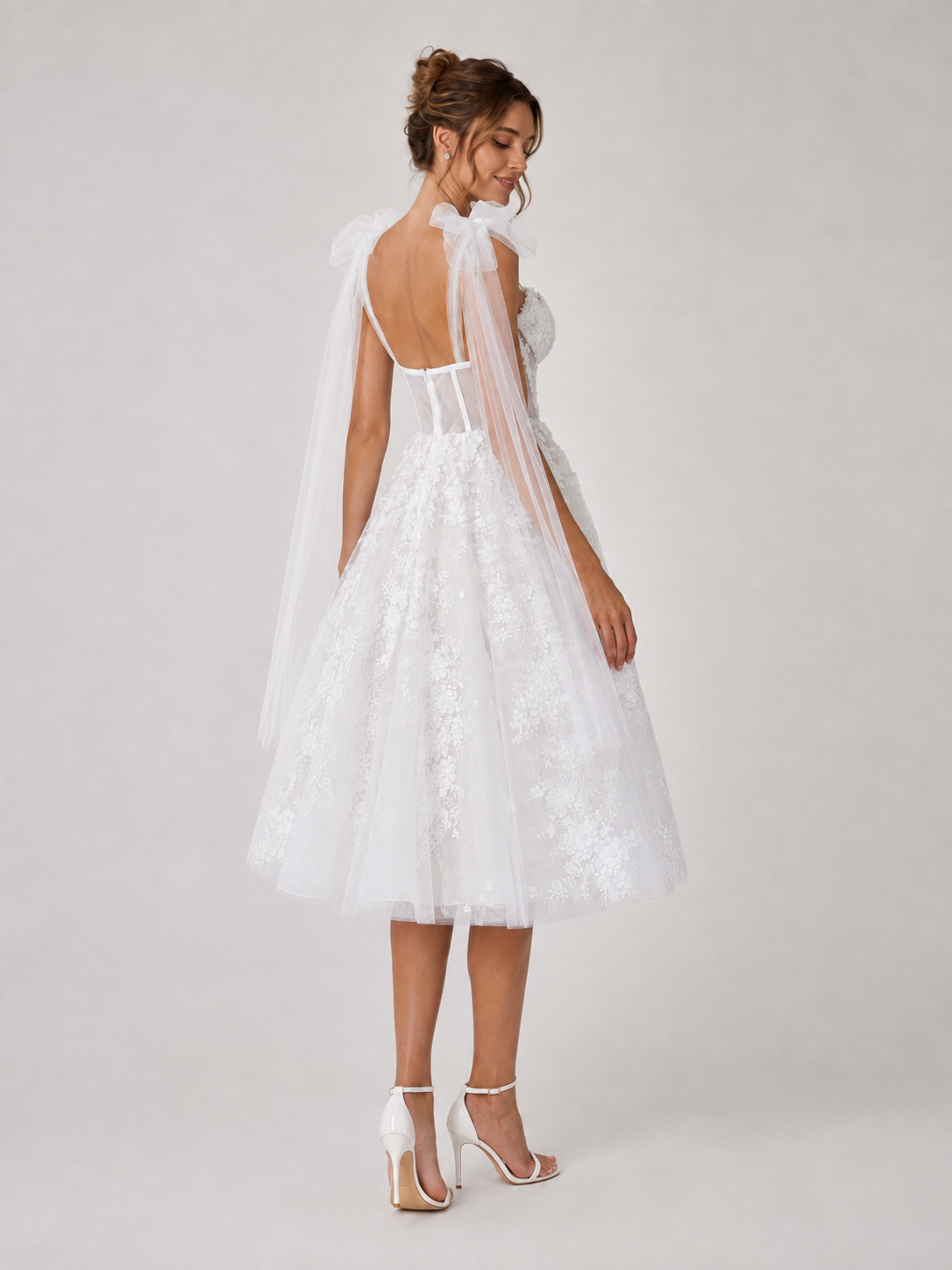 Elegant Sweetheart Lace Applique A-Line Midi Wedding Dress with Detachable Bow Straps