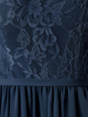 Dark Navy A-Line One Shoulder Floor-Length Lace Chiffon Bridesmaid Dress