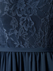 Dark Navy A-Line One Shoulder Floor-Length Lace Chiffon Bridesmaid Dress