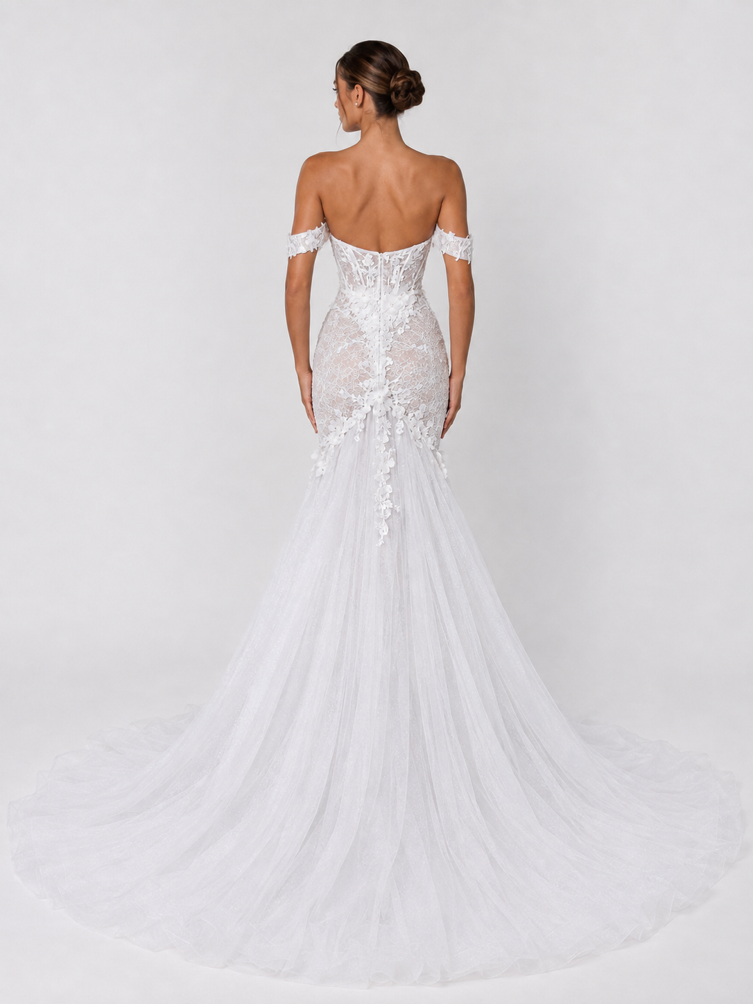 Elegant Off-the-Shoulder Lace Applique Mermaid Wedding Dress with Chapel Train