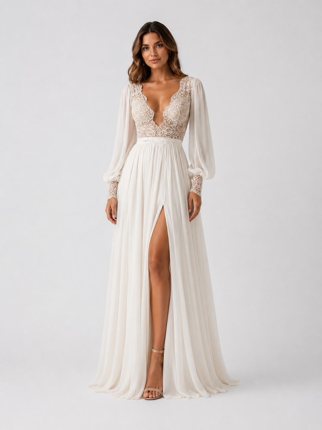Elegant Lace Applique Long Sleeve A-Line Wedding Dress with Sweep Train