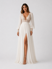 Elegant Lace Applique Long Sleeve A-Line Wedding Dress with Sweep Train