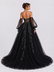 Elegant Off-the-Shoulder Beaded Lace Applique A-Line Wedding Dress with Chapel Train