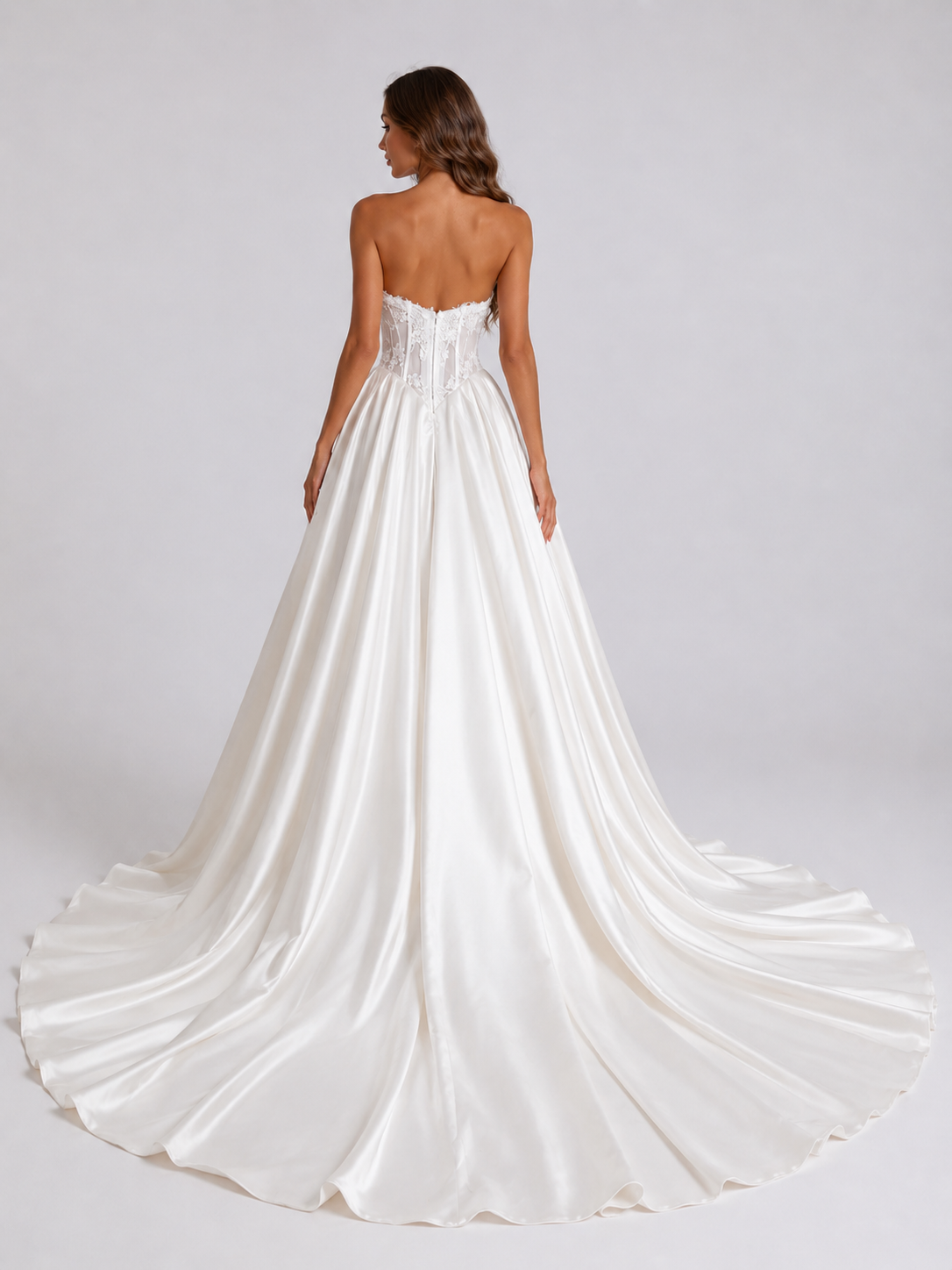 Elegant Strapless Corset Satin A-Line Wedding Dress with Chapel Train