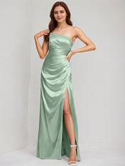 Agave Satin A Line One Shoulder Sleeveless Floor Length Bridesmaid Dress