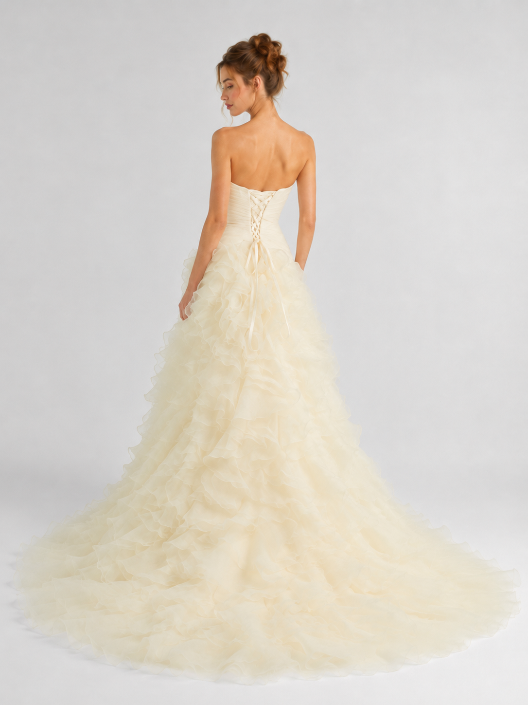 Elegant Ruffled Organza Ball Gown Wedding Dress with Sweep Train