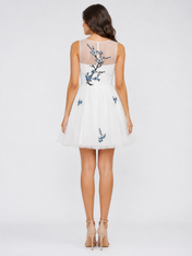 Elegant Illusion Crew Neck Blue Floral Appliqué Short Tulle Wedding Dress