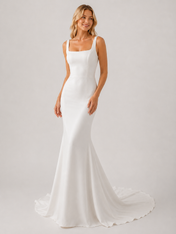 Elegant Square Neck Satin Mermaid Wedding Dress with Sweep Train